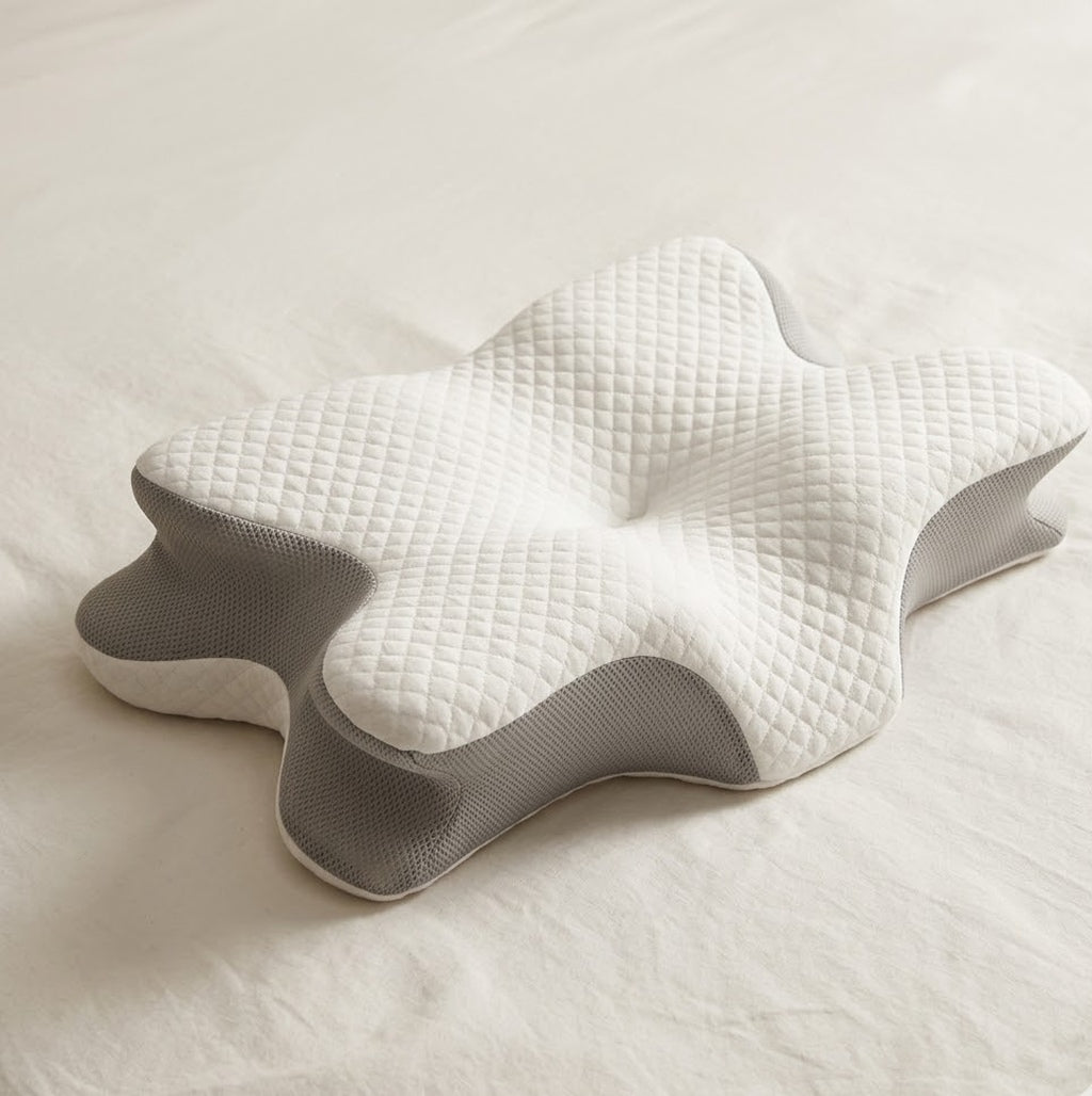 LEVIA™ Align — almohada cervical butterfly sobre lino, editorial