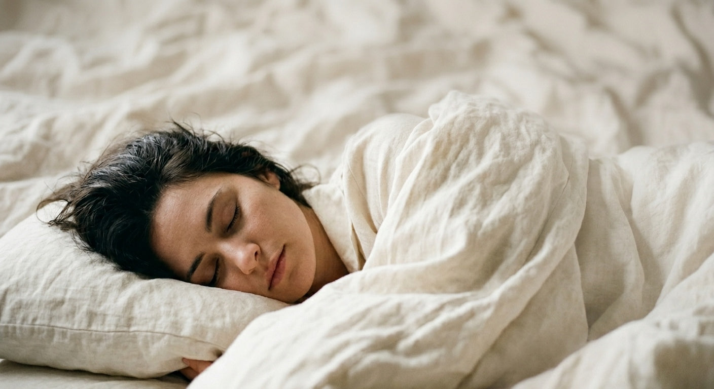 Mujer descansando en lino bone, luz de mañana — LEVIA™
